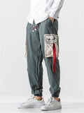 Crane Embroidery Red Cloth Multi-Pocket Pants for Men