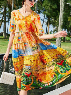 Ladies Cozy Field Beach Floral Print Splicing Silk Dress