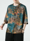 Retro Printed Ice Silk Rounded Collar Shirts for Male