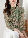 Floral Print Ruffle Trim Chiffon Shirt for Ladies