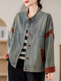 Contrast Color Retro Button Up Denim Jacket for Women