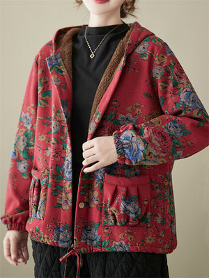 Country Style Flower Print Female Drawstring Hem Hooded Coat