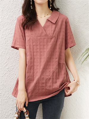 Women's Plaid Loose V-Neck Short Sleeve Plus Size Shirt