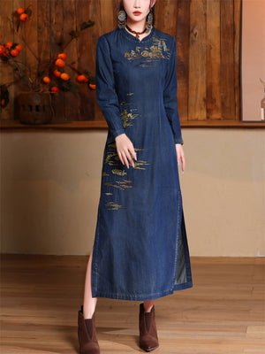 Women's Elegant High-Rise Side Slit Blue Denim Embroidery Qipao