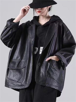 Women's Black Vintage Extra Loose Leather Jacket