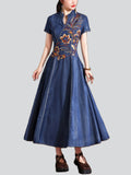 Retro Flower Embroidery Female V Neck Denim Pleated Dress