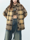 Spring Retro Contrast Color Plaid Long Sleeve Shirt for Women