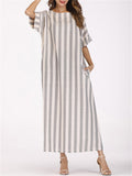 Female Gray White Striped Round Neck Pocket Dress