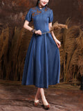 Women's Retro Neckline Embroidery Mid Length A-Line Denim Dress