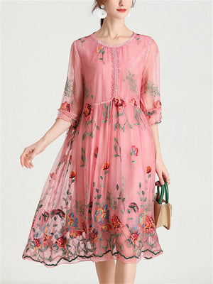 Ladies Floral Embroidered Comfortable Mid-Length Dress