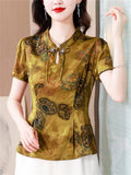 Women's Slim Fit Short Sleeve Imitation Mulberry Silk Shirt