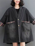 Ladies Stylish Plaid Patchwork Pockets Denim Jacket