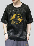 Men's Vintage Golden Crane Embroidery Summer Short Sleeve Shirt