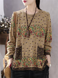 Lady Pullover Print Relaxed Literary Crew-neck Knitted Shirt