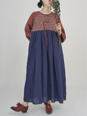 Women's Song Dynasty Hanfu Red & Blue Print Dress with Tassel Button