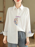 Relaxed Turn-down Collar Embroidered Shirts for Lady