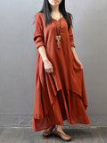 Casual V Neck Long Sleeve Swing Linen Dress