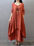 Casual V Neck Long Sleeve Swing Linen Dress