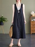 Summer U Neck Sleeveless Loose Linen A-Line Dress for Women