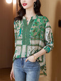 Women's Ethnic Style Green Leaf Print V Neck Half Sleeve Shirt