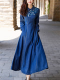 Elegant Blue Denim Flower Embroidery Women Pleated Dress