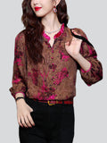 Rose Red Stand Collar Lantern Sleeve Retro Chiffon Shirt for Female