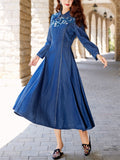 Elegant Blue Denim Flower Embroidery Women Pleated Dress