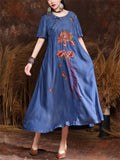 Ancient Style Red Lotus Embroidery Short Sleeve Dress for Women