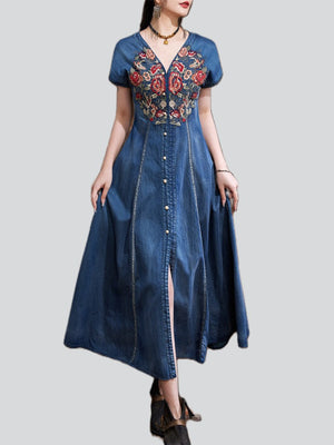 Women's Summer Ethnic Style V-neck Embroidered Denim Dresses