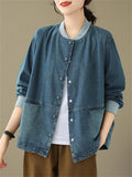 Women's Autumn Washed Blue Denim Baseball Jacket