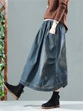 Retro Pocket Elastic Waist Blue Denim Skirt for Women