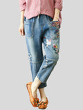 Vintage Splicing Bird Floral Embroidery Women's Ripped Jeans