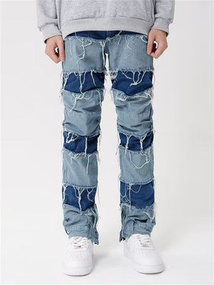 Men's Hip-Hop Contrast Color Patchwork Raw Edge Jeans