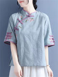 Women's Flower Embroidery Chinese Style Knot Button Stand Collar Shirt