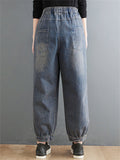 Women's Casual Plant Embroidery Loose Denim Harem Pants