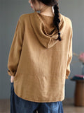 Plain Cotton Linen Long Sleeve Hooded Shirt for Women