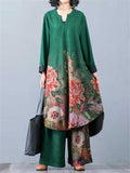 Beautiful Peony Print V Neck Long Sleeve Shirt + Loose Pants