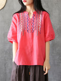 Female Ethnic Style Cotton Linen Short Sleeve V-neck Shirts