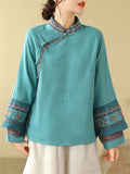 Women's Embroidery Stand Collar Cotton Linen Long Sleeve Shirt