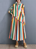 Rainbow Stripes Irregular Hem Lapel Shirt + Swing Skirt for Women