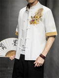 Chinese Style Hanfu Men's Golden Dragon Embroidery Knot Button Shirt