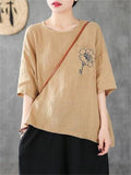 Chest Pocket Flower Embroidery Half Sleeve Loose Shirt for Women