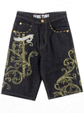 Gold Floral Pattern Wings Embroidered Men's Cropped Jeans