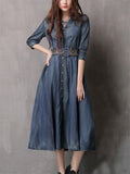 Women's Retro Washed Denim Blue Pleated Dress with Belt