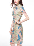 Female Spring Summer Elegant Contrast Color Flower Embroidery Qipao