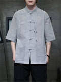 Traditional Chinese Clothing Male Knot Button Stripe Shirts