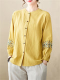 Women's Ethnic Embroideried Lantern Sleeve Stand Collor Button Linen Shirt