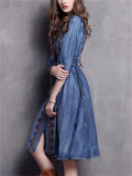 Ethnic Style Embroidery Half Sleeve Adjustable Waist Denim Dress