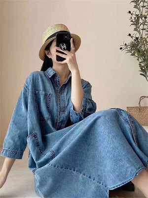 Women's Casual Oversized 3/4 Sleeve Blue Denim Shirt Dress