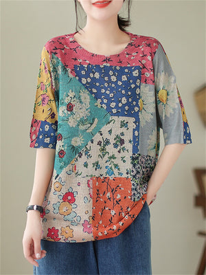 Women's Color Block Floral Print Crew Neck Short Sleeve Shirt